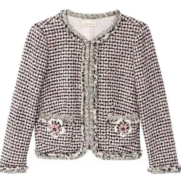 Rebecca Taylor Houndstooth Tweed Pink Black White Blazer Jacket Size 6 - Picture 2 of 5